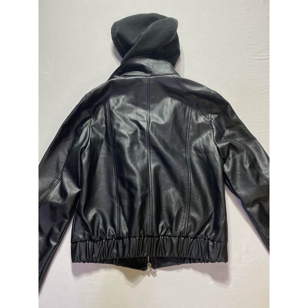GUESS‎ Los Angeles Womens Faux Leather Moto Jacket Removable Hood Black Medium - Picture 15 of 16